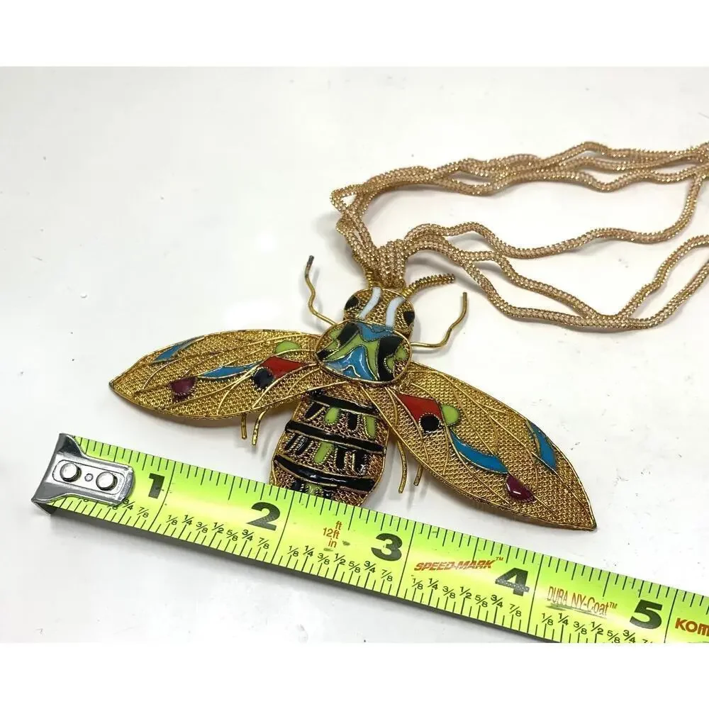 Vintage 1980's Kubla Enamel Crafts Moth Insect Gold Tone Mesh Cloisonne Necklace
